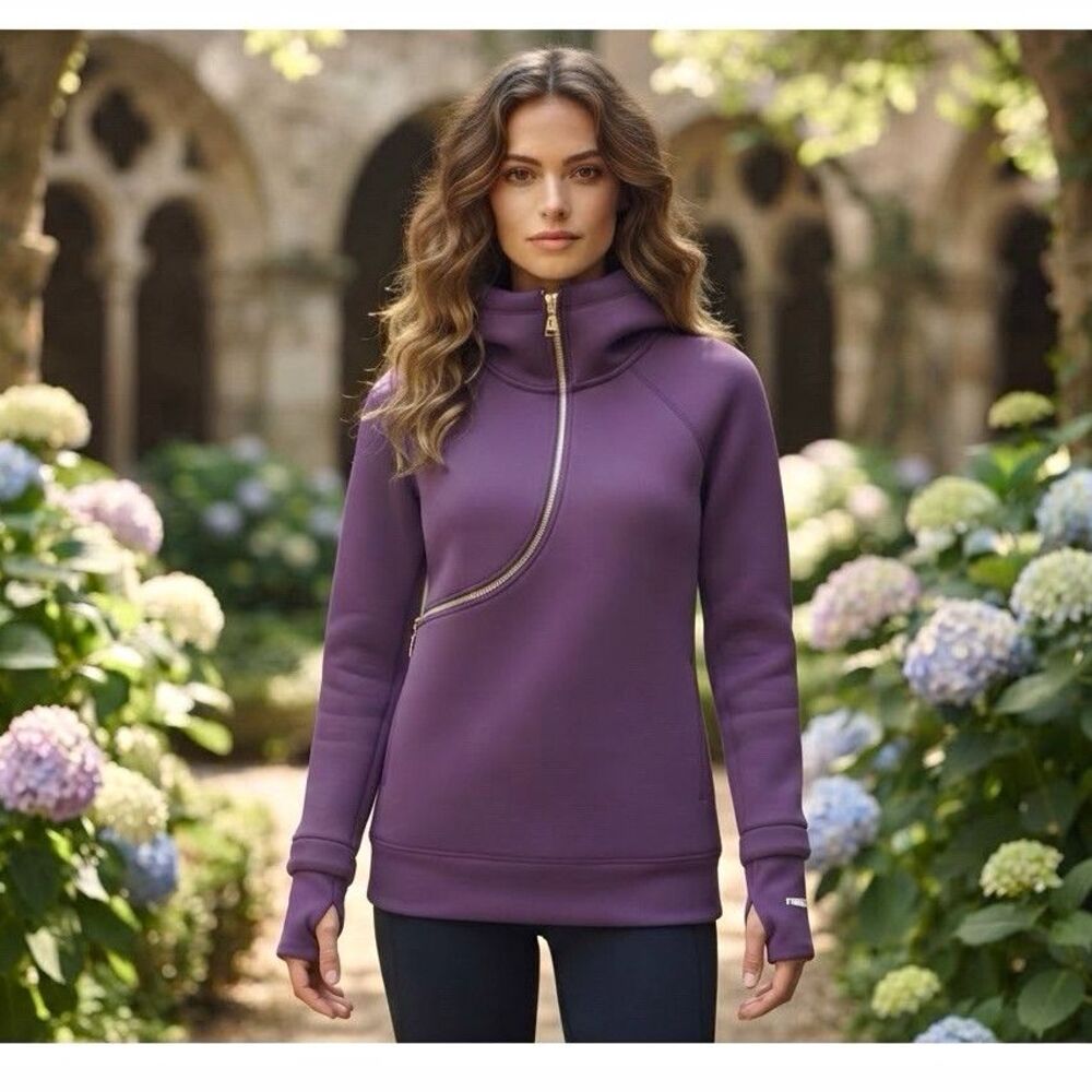 FREDDY Women Purple Pullover Hoodie Zip Pockets Thumb Holes High Neck S RN145169